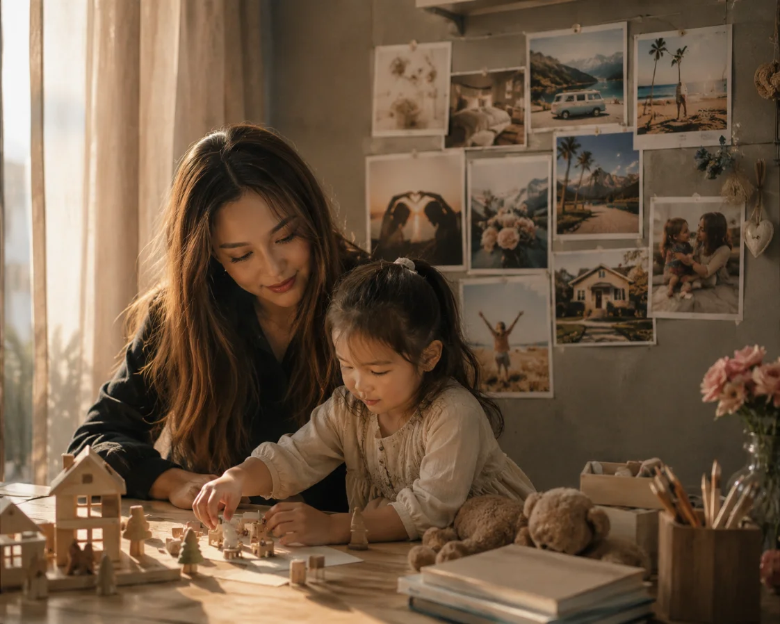 Mother spending quality time with her young daughter beside a vision board, symbolizing confidence, dreams, intention, personal growth | About | Meruisa Crystal
