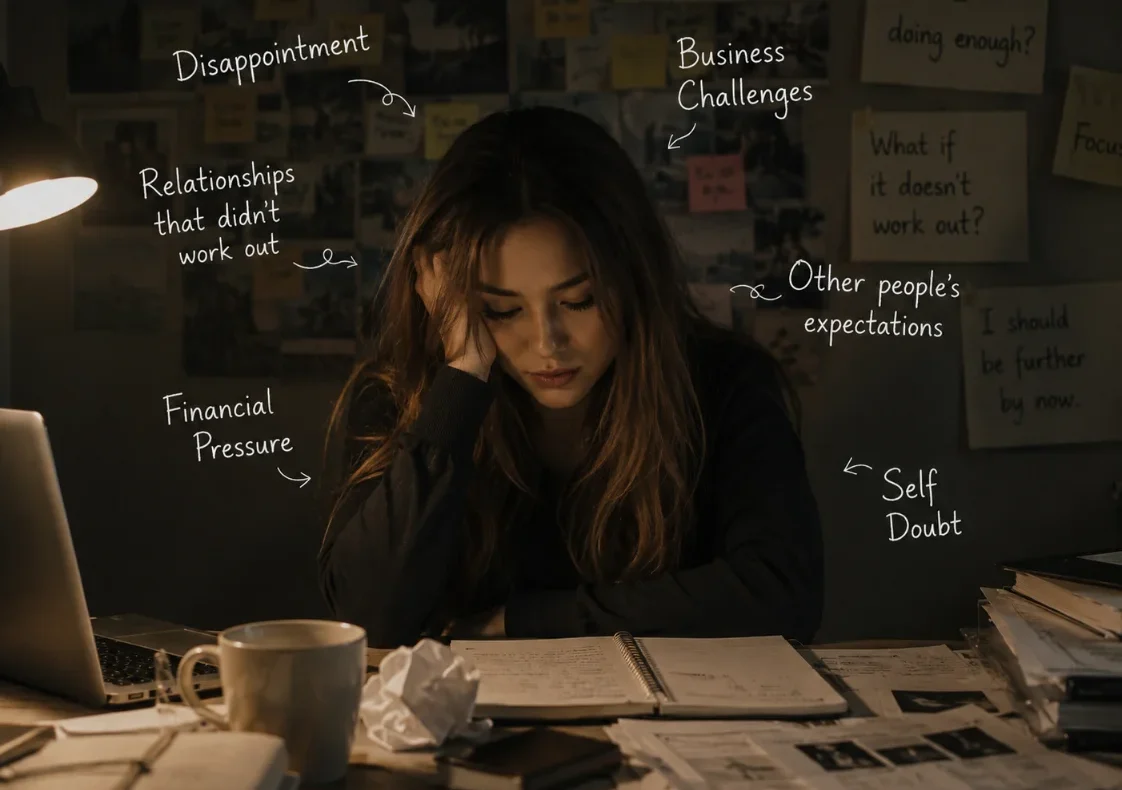 About Us. Young woman reflecting at her desk during a difficult season of life, symbolizing self-doubt, personal growth, resilience, and the journey back to intention and manifestation.