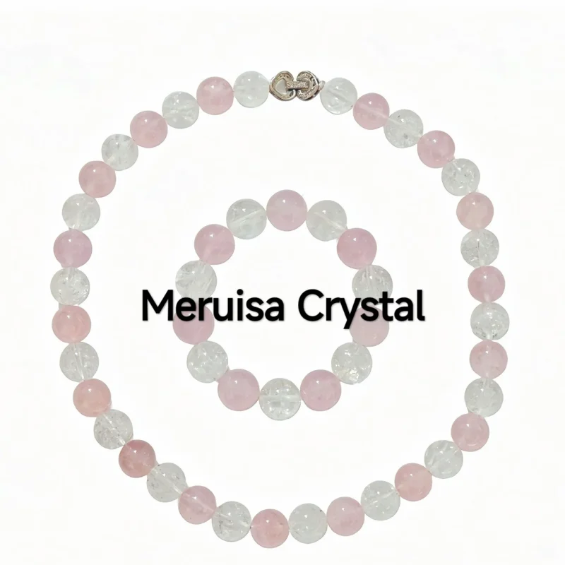 White-Azeztulite-Rose-Quartz-Bracelet-Necklace-Set-Heart-Clasp-Meruisa-Crystal